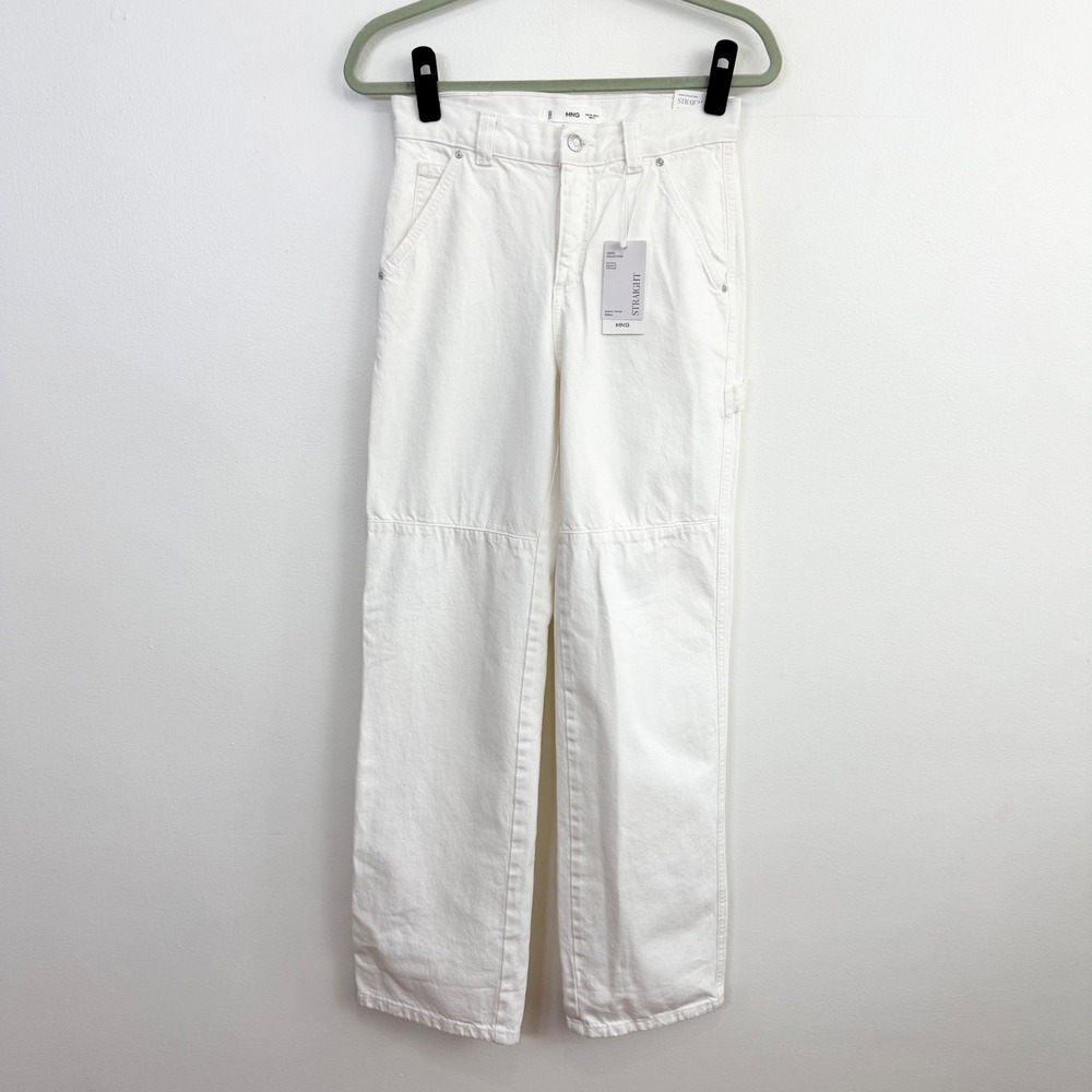 MNG Mango Straight Leg‎ Carpenter Jeans White High Rise Utility Pants Size 2 NWT